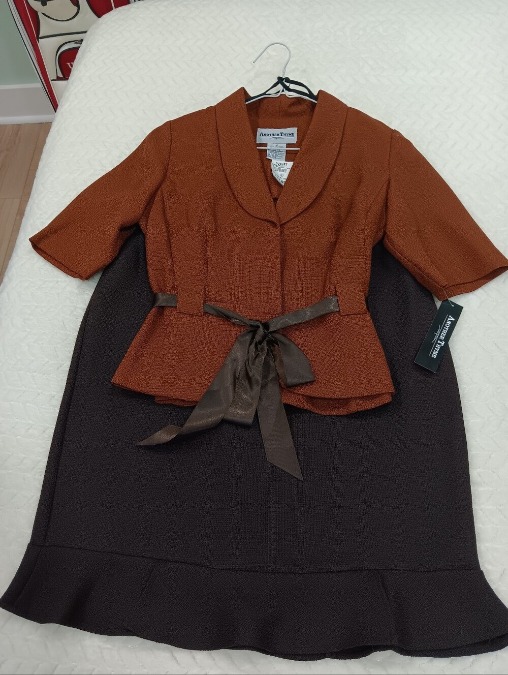 Another Thyme Rust Textured Peplum Top with Brown Ribbon And Skirt